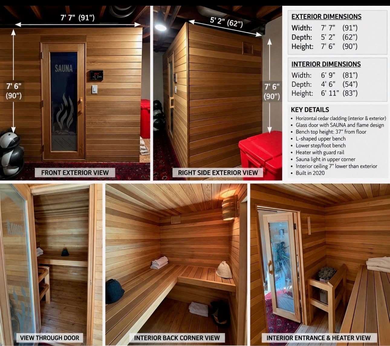 Six views of the 2020 indoor cedar sauna with its measured dimensions: front and side exteriors, the glass door, the L-shaped bench and the heater with its guard rail