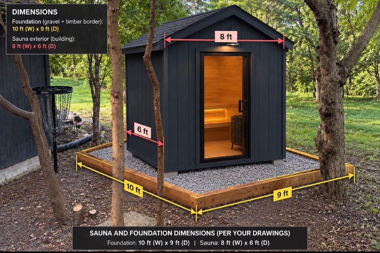 A visualisation of the planned 2026 Cottage sauna: a dark 8 by 6 foot outdoor cabin with a lit cedar interior, on a gravel pad with a timber border