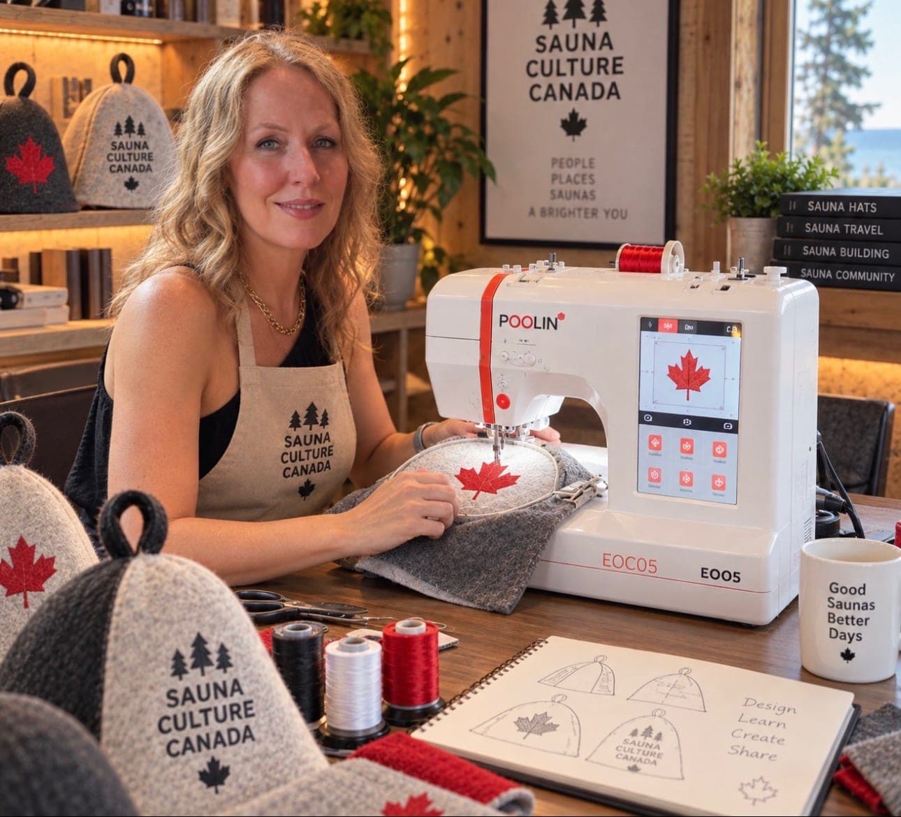 A mock-up of the sauna hat project: felt hats embroidered with a maple leaf and the Sauna Culture Canada name, beside an embroidery machine and design sketches