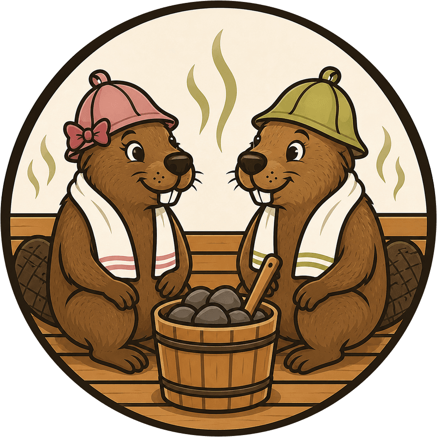Two beavers in sauna hats and towels sharing a bucket of sauna stones