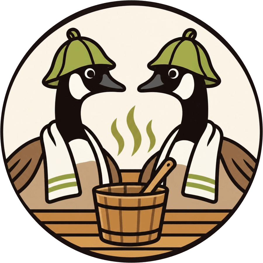 Two Canada geese in sauna hats and towels beside a wooden bucket and ladle