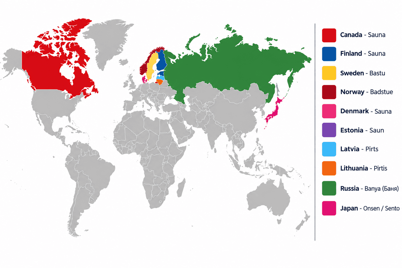 A world map highlighting countries with their own bathing traditions: Canada, Finland and Denmark (sauna), Sweden (bastu), Norway (badstue), Estonia (saun), Latvia (pirts), Lithuania (pirtis), Russia (banya) and Japan (onsen and sentō)